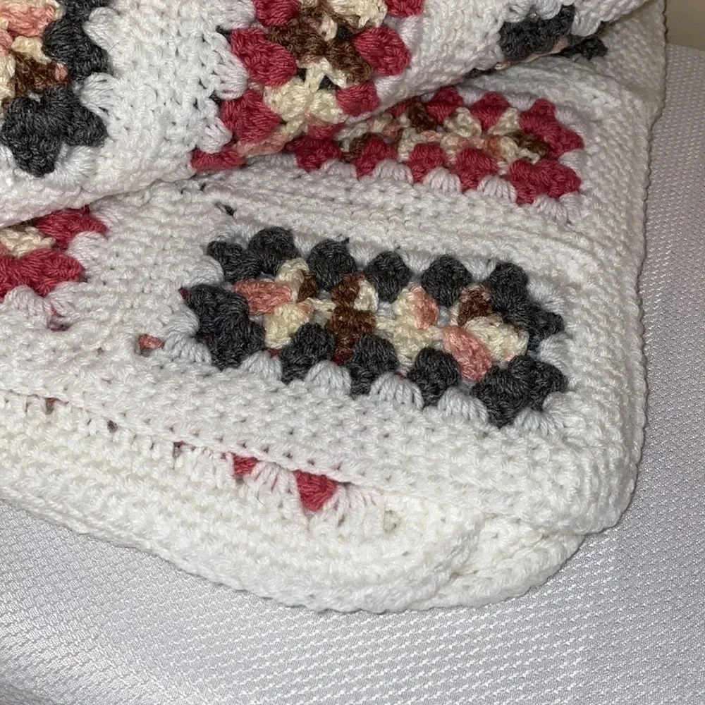 Handmade pink white grey  knit crochet baby lap afghan blanket bedding